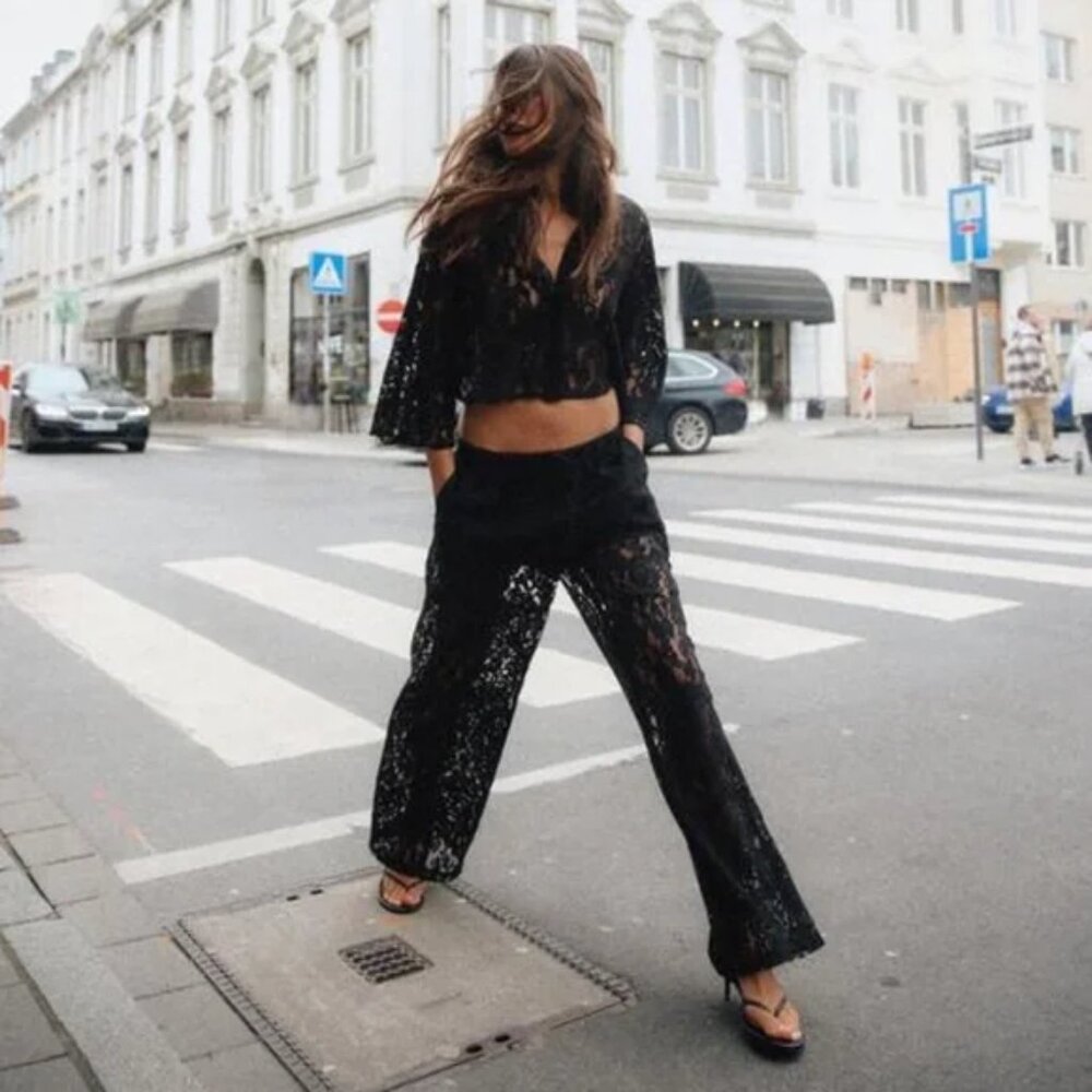 NWT 2PCS ZARA SET STRAIGHT LEG LACE PANTS W/ MATCHING LACE CROP SHIRT TOP SMALL